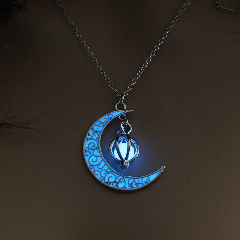 Hollowed-out pumpkin necklace with multi-colored night light moon for Halloween