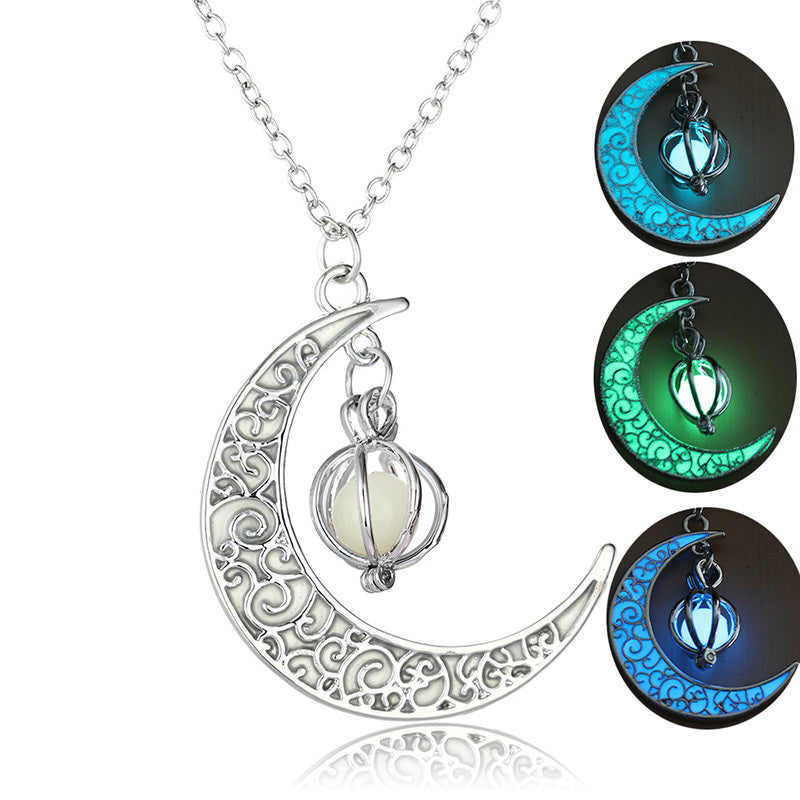 Hollowed-out pumpkin necklace with multi-colored night light moon for Halloween