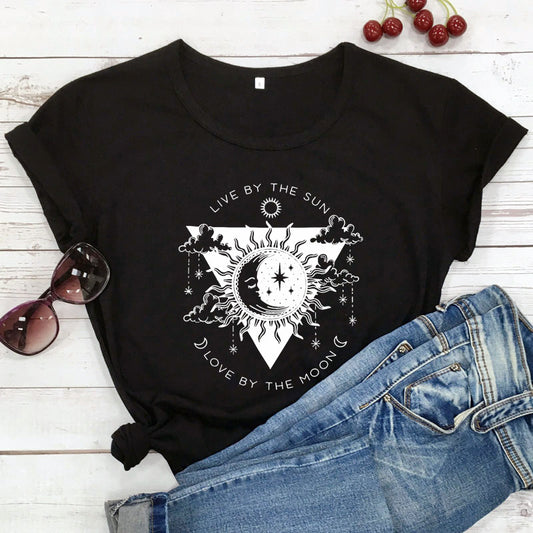 Ladies Fashion Sun Moon Print T-Shirt Top