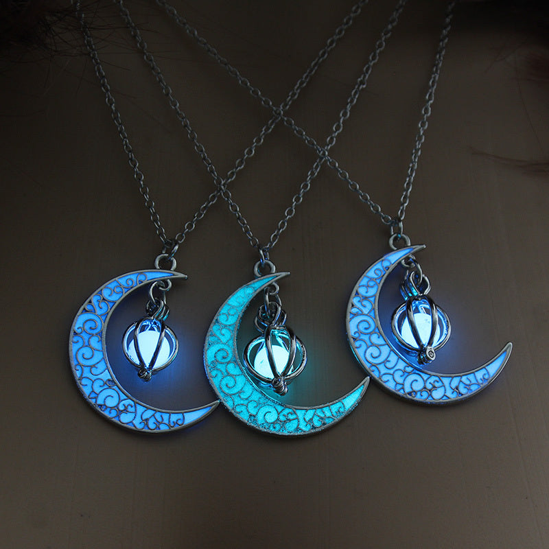 Hollowed-out pumpkin necklace with multi-colored night light moon for Halloween